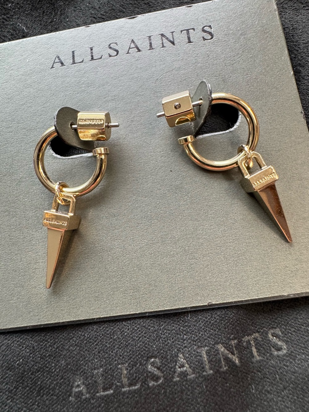 AllSaints Laio Spike Charm Huggie Earrings Gold Tone